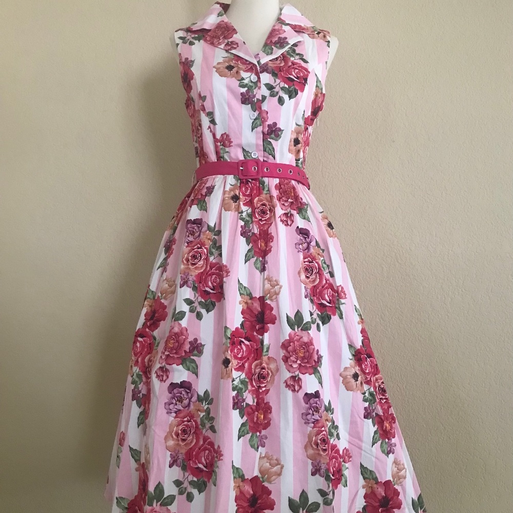 NEW! Lindy Bop "Matilda" Dress in Bouquet Floral Print W/Belt